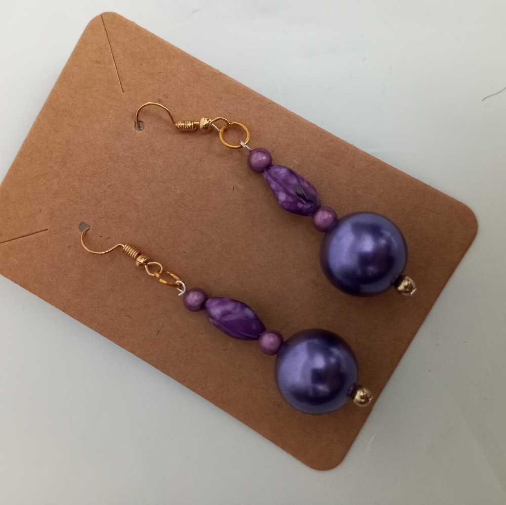 Hand Crafted Purple boho pearl beaded statement drop dangling earrings